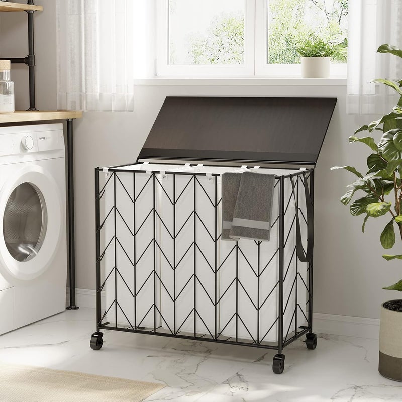 WOWLIVE Laundry Basket with Wheels, 142L Laundry Hamper 3 Section with Lid, Dirty Clothes Hamper with Removable Bags, Large Capacity Iron-Made Laundry Basket Organizer Laundry Sorter for Dorm, Beige - Image 2